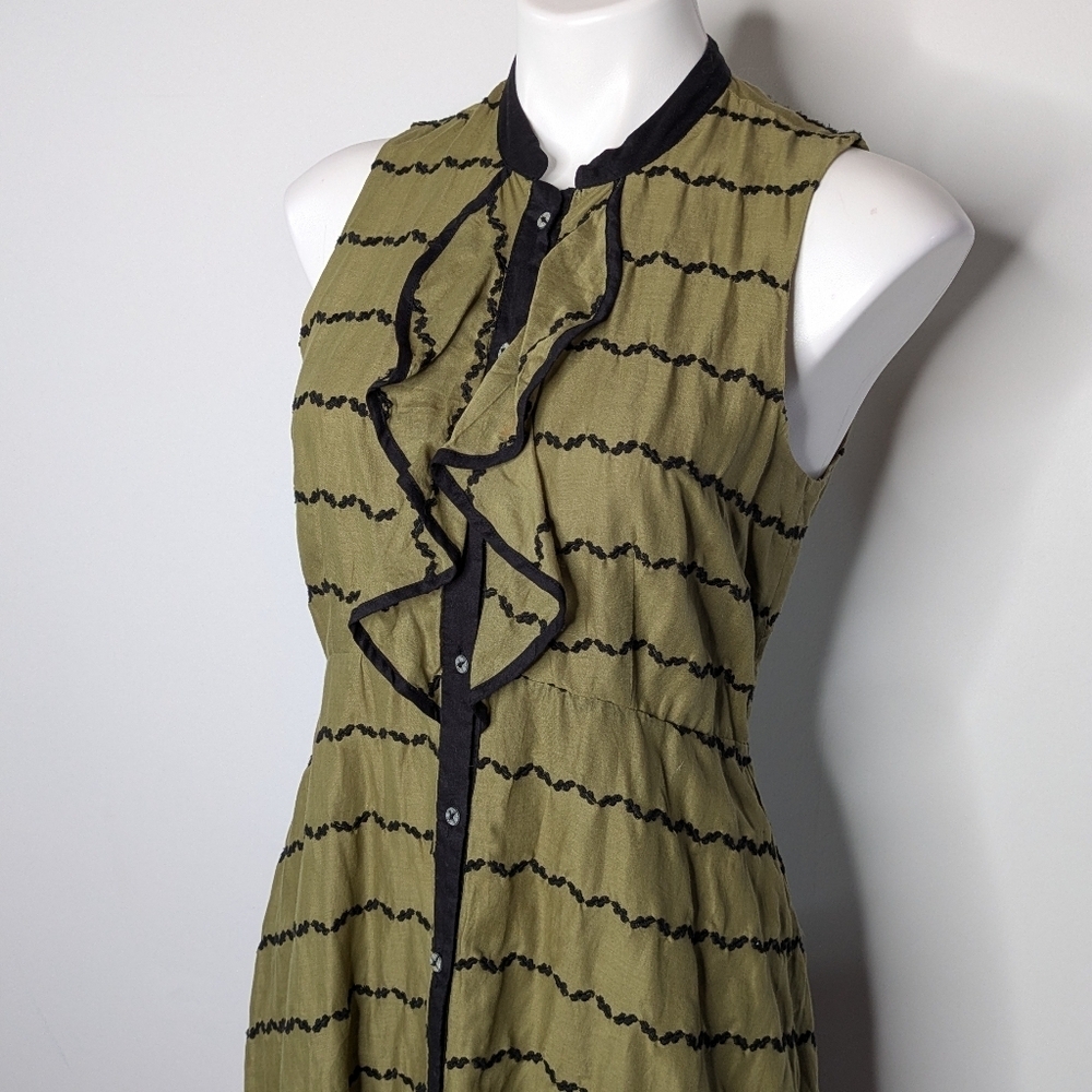 Anthro Postmark Green Black Sleeveless Cotton Ruffle Midi Dress 6 - Picture 2 of 11